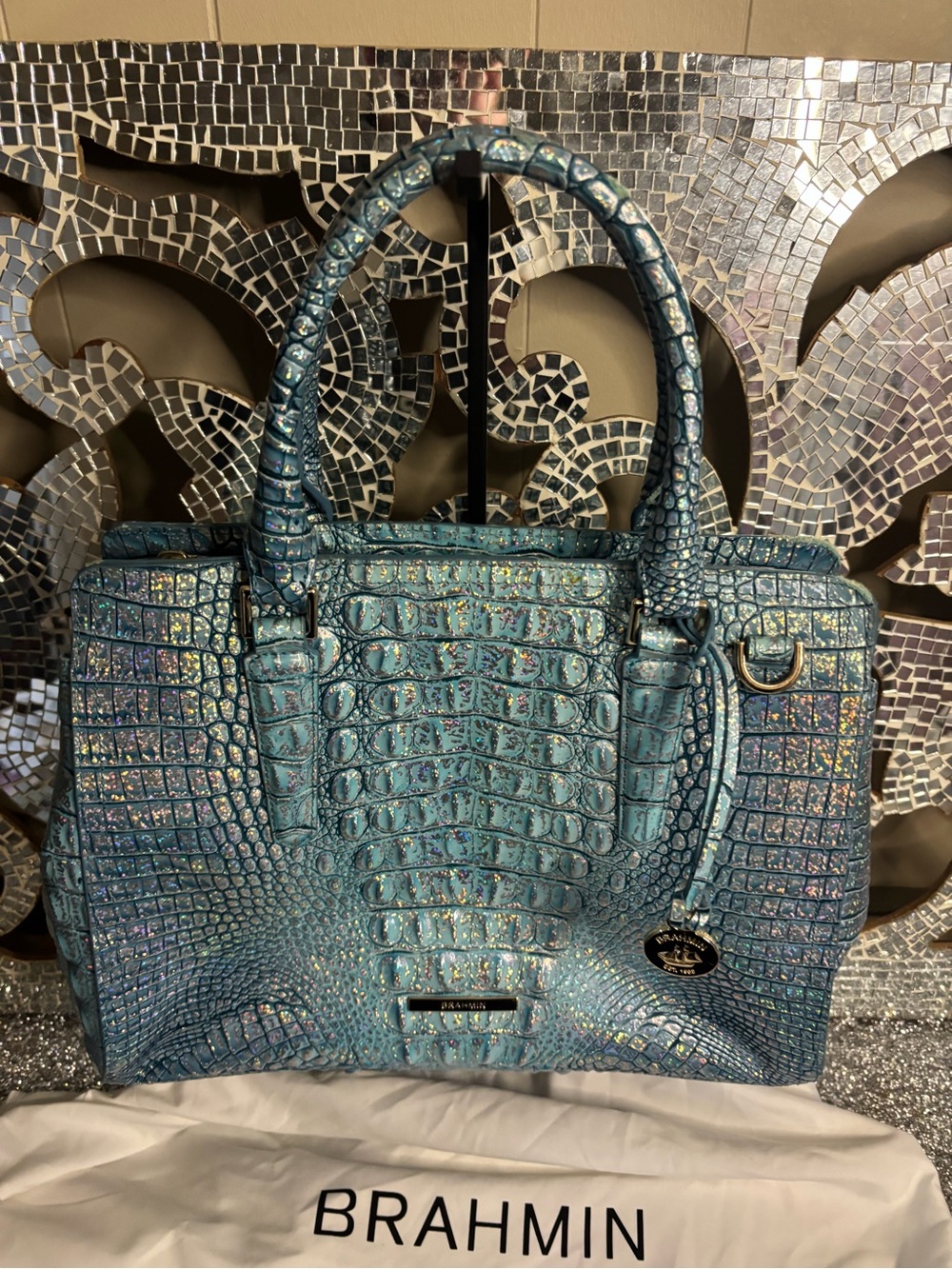 🌟Brahmin Teal Croc-Embossed Leather Satchel